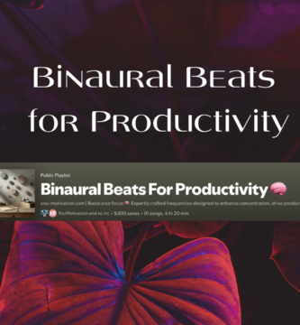 A dark, moody background featuring vibrant blue and red leaves, overlaid with the text "Binaural Beats for Productivity." Below the text is an embedded Spotify playlist titled "Binaural Beats for Productivity" with 91 songs and a total duration of 4 hours and 20 minutes.