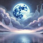 A tranquil night scene featuring a glowing moon surrounded by soft clouds, reflected in a calm lake with a dreamy gradient of blues and purples, evoking relaxation and peaceful sleep.