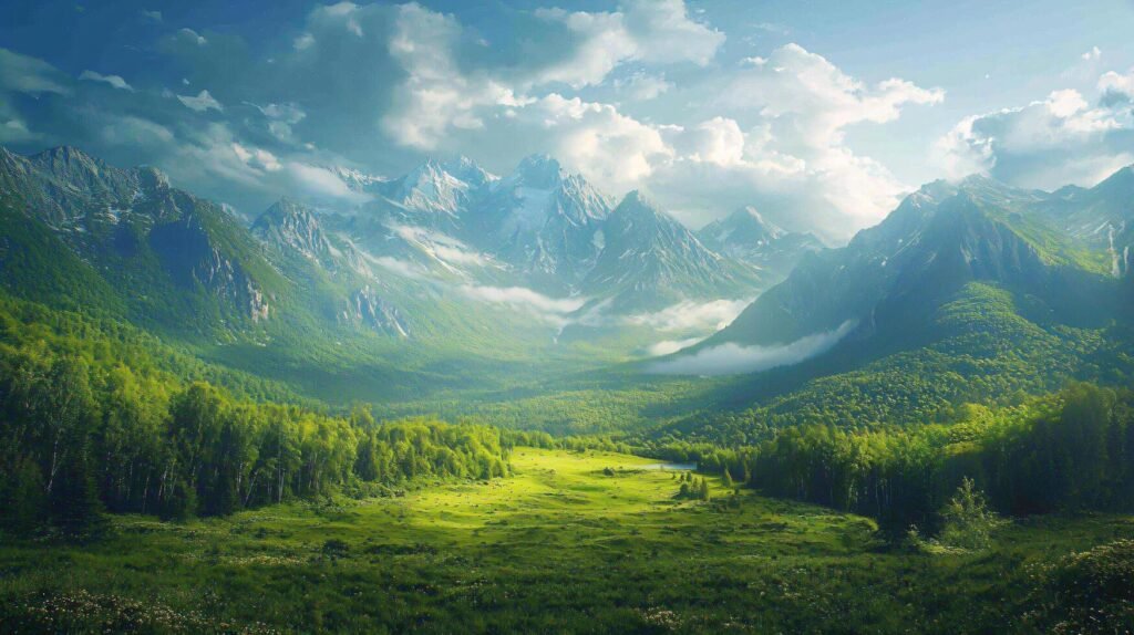 A breathtaking view of a lush green valley surrounded by majestic mountain peaks, with a vibrant blue sky and soft clouds overhead.