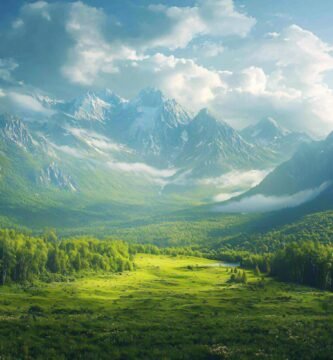 A breathtaking view of a lush green valley surrounded by majestic mountain peaks, with a vibrant blue sky and soft clouds overhead.